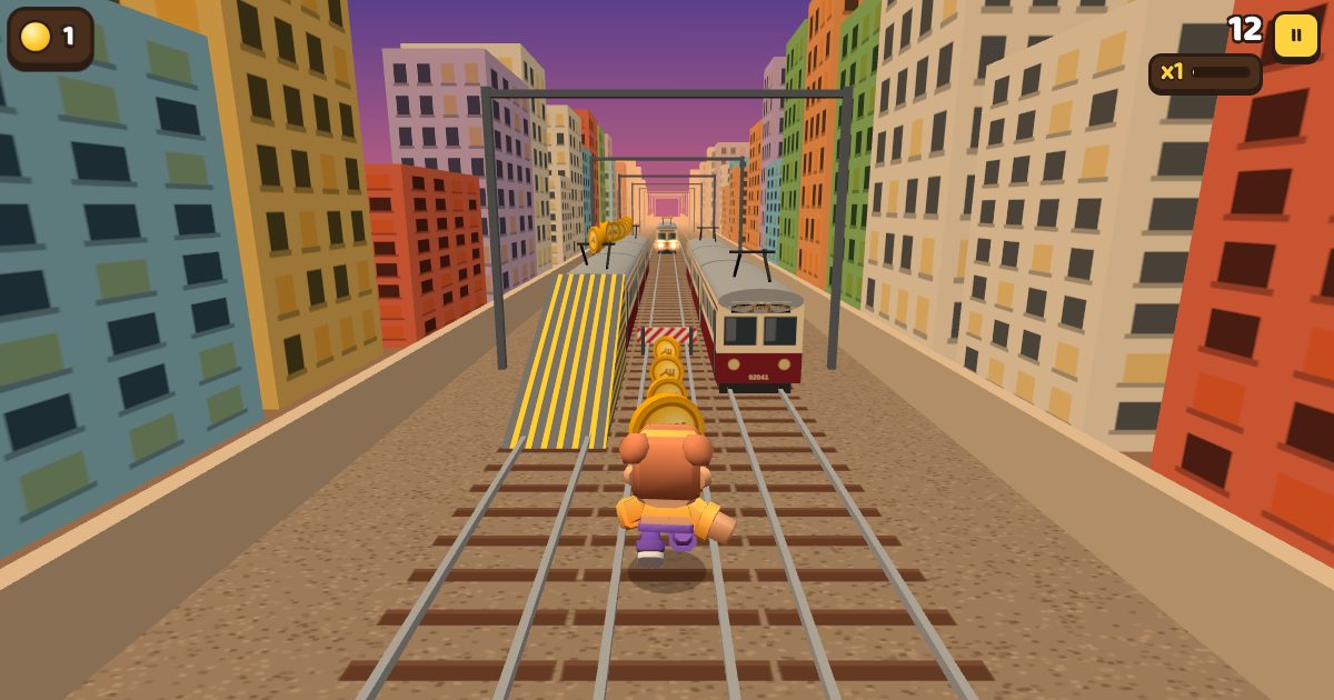 Local Dash: the runner on the train tracks, with a parked local train, a ramp and barriers ahead
